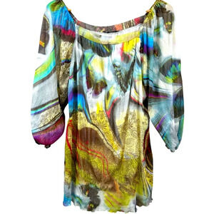 Miss Miss Valentina mini dress, M, square neckline, multicolor, Boho Hippie